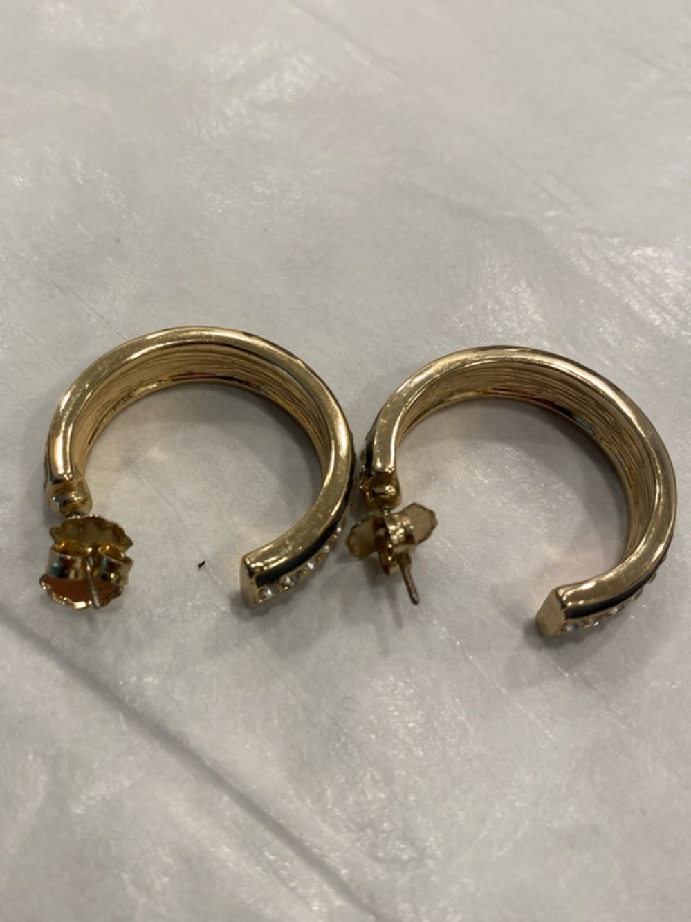 Gold Navy Enamel Rhinestone Hoop Earrings Medium - Picture 6 of 12